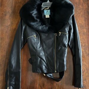 Marciano Black Leather Jacket with Luxurious Fur Collar